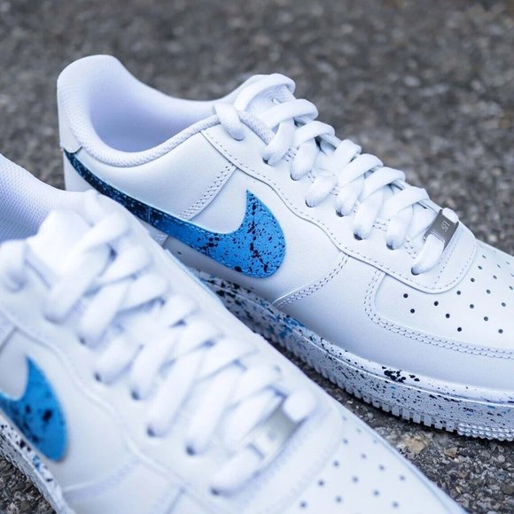? Nike Air Force 1 Custom Light & Dark Blue Splatter ? Swoosh White Shoes Mens main image 8